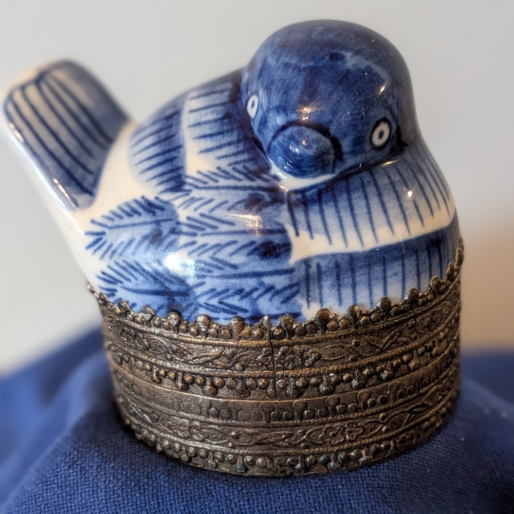 Blue and White Porcelain Bird  Trinket Box with Decorative Metal Base